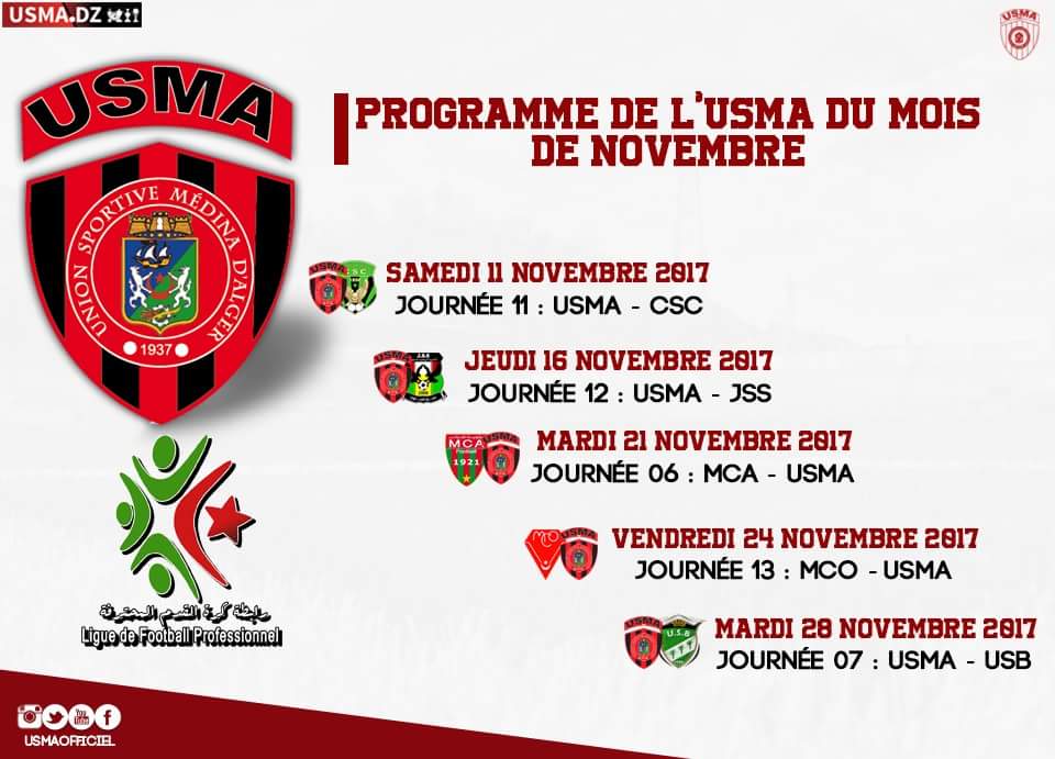 USMAofficiel's tweet photo. Le programme des matches jusqu'à la fin du mois de novembre ⬇
جدول مباريات الاتحاد حتی نهايۃ شهر نوفمبر ⬇
#Ligue1 #USMA17 🔴⚫ https://t.co/xHtfsty8pG