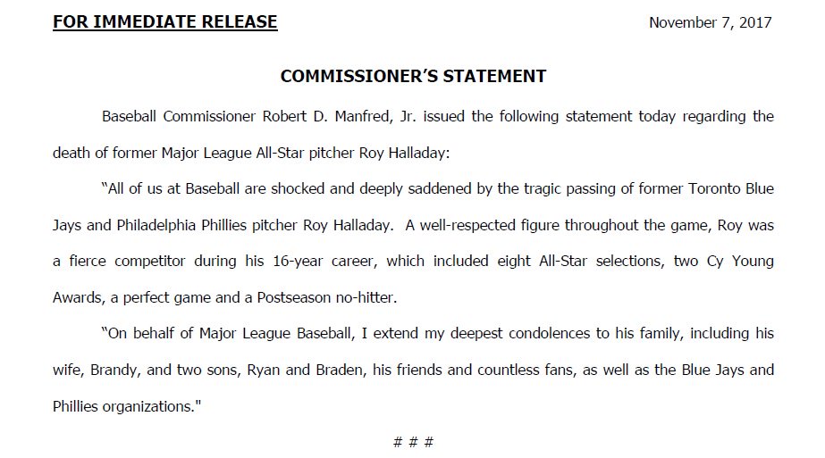 MLB_PR's tweet photo. Commissioner Manfred issued the following statement today regarding the death of eight-time All-Star pitcher Roy Halladay: https://t.co/lLbOa1emnt