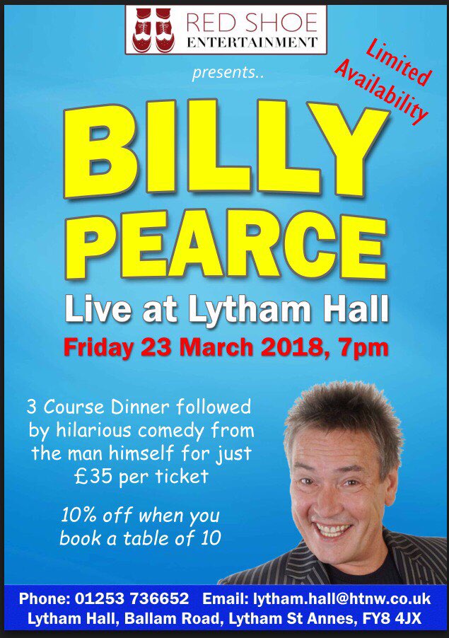 We have the FANTASTIC comedian <a href="/1BillyPearce/">Billy Pearce</a> hosting a limited availability gig <a href="/LythamHall4K/">Lytham Hall 4K</a> GET YOUR TICKETS NOW! #comedy #2018 #entertainment #redshoeentertainment #lythamhall #joinus