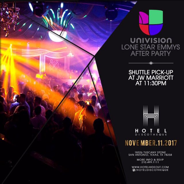 Univision Lone Star Emmy’s After Party this Saturday! For information on bottle service or guest list opportunities TEXT 210-289-5037!