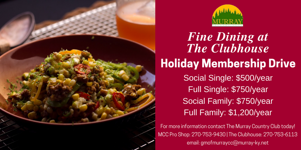 GolfMurray's tweet photo. #myfirstTweet is the announcement of our holiday drive! Social members get access to the pool, tennis courts and restaurant. Full members get access to all that plus golfing! Sign up now until 12/31 #MCCTheClubhouse #MKY @hello_murray https://t.co/bG7jd1UA7x