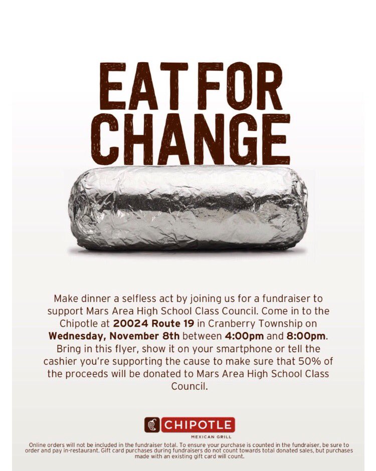 marsclass2018's tweet photo. TOMORROW FROM 4-8 i better see everyone at chipotle on route 19!! show them this and we get 50% of profit https://t.co/vHIZaPCKzI