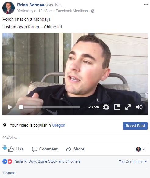 brian_schnee's tweet photo. Hey #Twitter -- Join me each MONDAY on @facebook #LIVE for #PorchChat at NOON (PT).
It's the greatest way to spend your lunch (west coast) or kill the end of your 9-5 workday (east coast)... or a complete waste of your time.
#280characters #CharactersToSpare https://t.co/khImjPPiyS