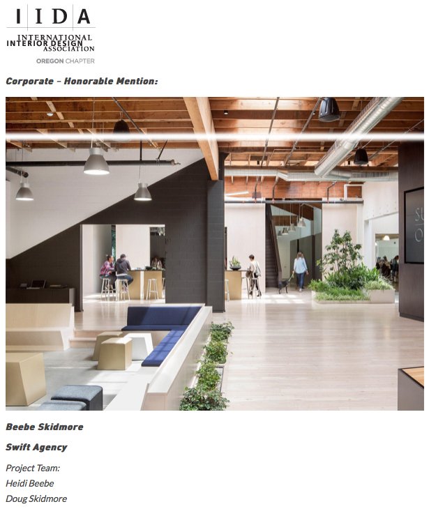 Swift --> 2017 Honorable Mention Design Excellence Corporate! Congrats Carrie Gates, thx @IIDA_Oregon <a href="/thegoodmod/">The Good Mod</a> <a href="/YorkeandCurtis/">Yorke & Curtis, Inc.</a> Jeremy Bitterman and of course <a href="/swiftcollective/">Swift Collective</a> / Project^ !! Congrats <a href="/ZGFArchitects/">ZGF Architects</a> Best in Category and <a href="/GBDArchitects/">GBD Architects</a> Hon Mention