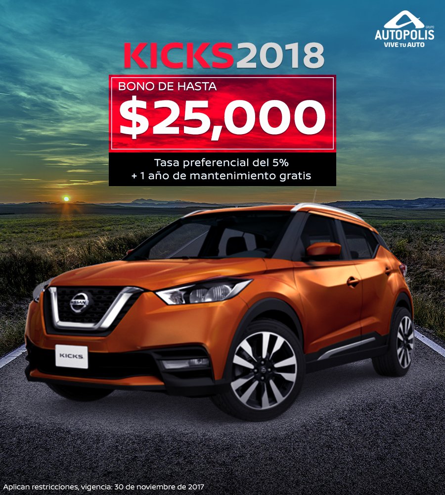 AutopolisNissan's tweet photo. ¡Cierra el año estrenando auto! Llévate un Nissan KICKS con un bono de hasta $25,000 pesos. https://t.co/vMjIGoS1A2