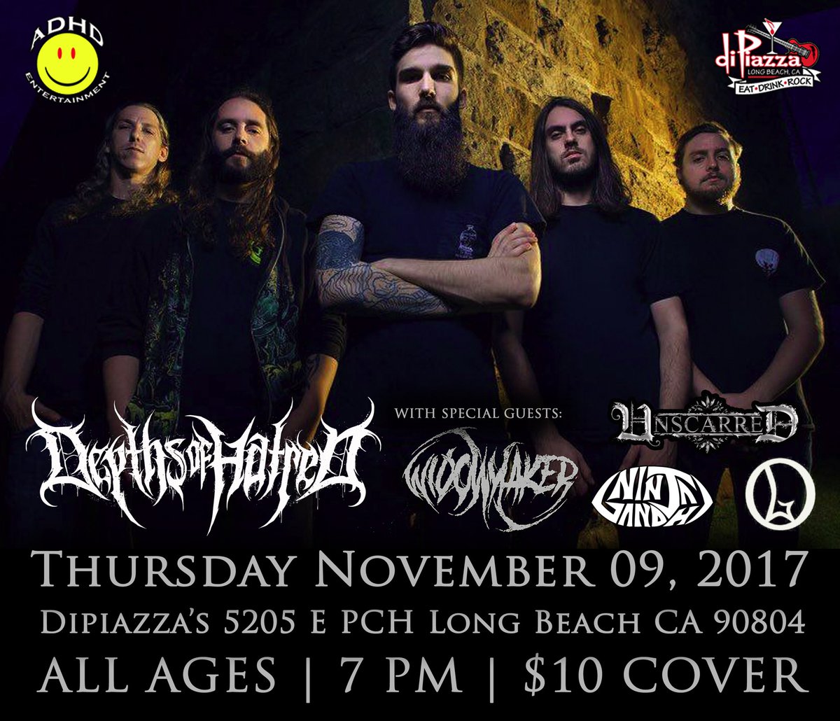 ADHDent562's tweet photo. Thursday 11/09/17 ALL AGES Long Beach CA @Dipiazzas @ADHDent562 #depthsofhatred #widowmaker #unscarred GET TIX: https://t.co/jLkXob5nSU https://t.co/9s3nbQkrgb