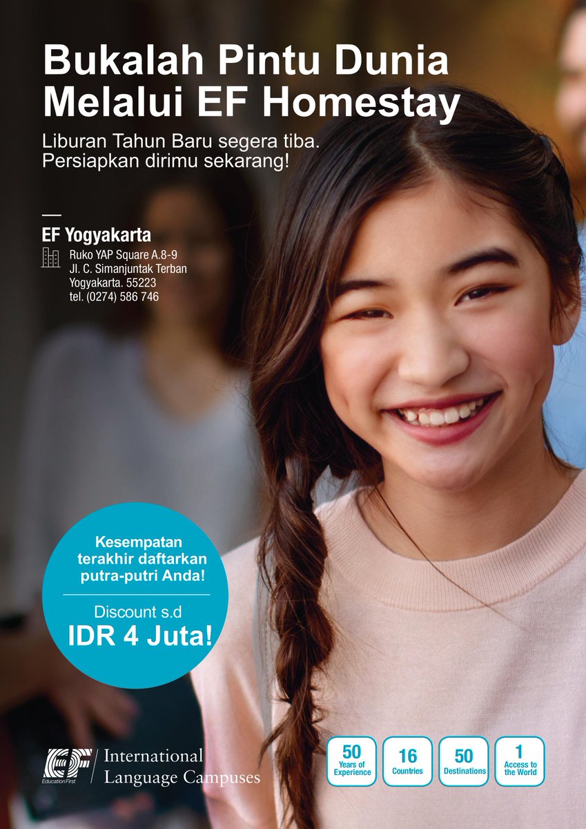 Ingin menghabiskan liburan sekolahmu di Luar Negeri? EF Homestay Jawabannya! Destinasi : Singapore, Sydney, Gold Coast, US, UK untuk keberangkatan bulan Desember. Info lanjutan 0274-586746 / 085878504040