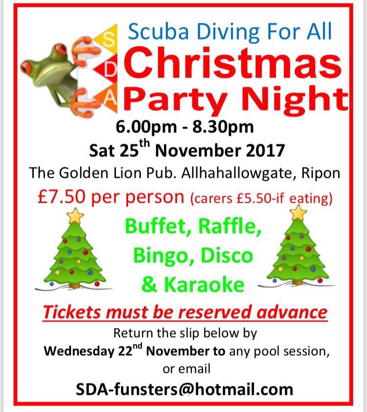 ScubaDiving4All's tweet photo. Christmas Party Night - 25 Nov 2017 - 6pm to 8:30pm @ #TheGoldenLion (Allhallowgate).
Tickets must be reserved. https://t.co/a5Z1Jc27Xc