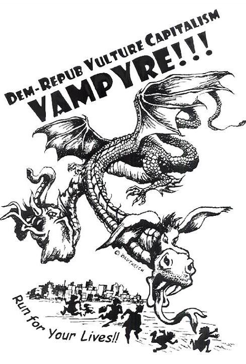 libbyliberalnyc's tweet photo. R U brave enuf to wear one? The ANTI-CAPITALISM T-Shirt! Put UR Protest on Your Chest! 1 predatory capitalism vampire w/2 corporate party heads. Asked friend 2 illustrate this despicable duopoly! $14.95  Etsy 4Sale https://t.co/uA6nNpeT1t   https://t.co/v59Xn0qGxc