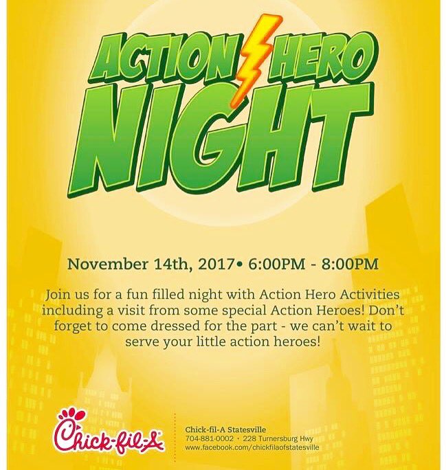 cfastatesville's tweet photo. Calling all Action Heroes! Chick-fil-A Statesville will be hosting Action Hero Night November 14th from 6:00PM-8:00PM! Grab your cape and join us for a fun evening with some special guest heroes! https://t.co/bFE09KfjKE