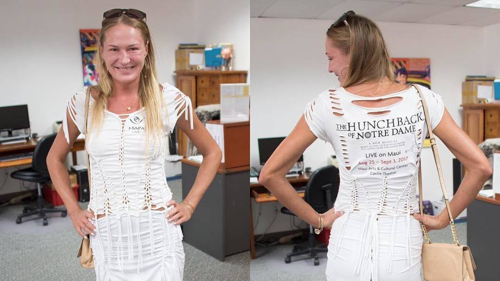 mapamaui's tweet photo. Look! Our brilliant costume designer for The Hunchback of Notre Dame transformed our t-shirt into a fashion piece! #mapamaui https://t.co/e3pPzaHaDa