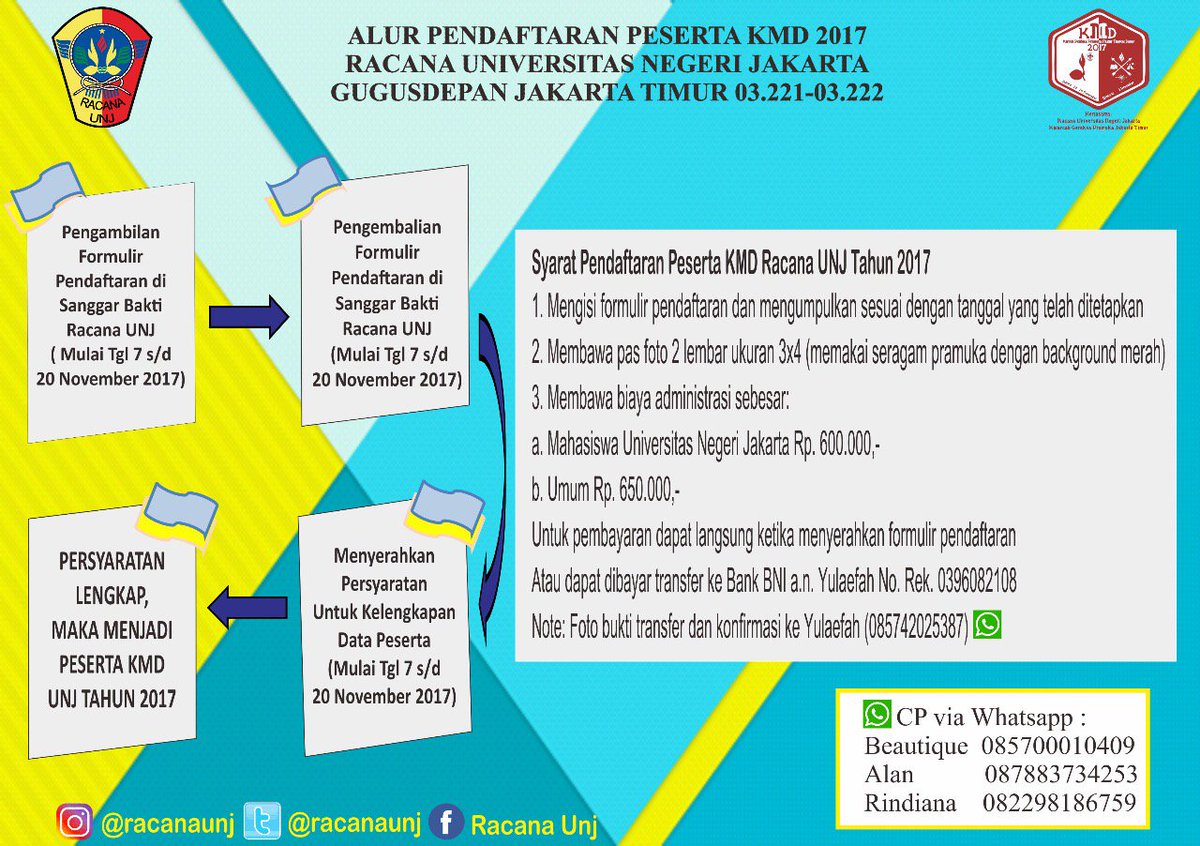 RacanaUNJ's tweet photo. Salam pramuka !!
Alur pendaftaran KMD 2017 Racana Universitas Negeri Jakarta. Yuk daftar segera, kami tunggu :)
#RacanaUNJ
#PramukAsik
#GetRIC
#KMD2017
#pramukaupdate
#HpdKMD2017 https://t.co/f6z21H7Hc0