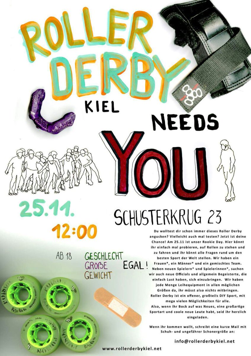 Learn about roller derby and try skating. We will teach you all about getting started.  Sa. 25.11.17 ~ 12:00 ... Event@FB: bit.ly/2AjfvtF #RollerDerby #RookieDay #Kiel #GetYourQuadsOn #DerbyLove