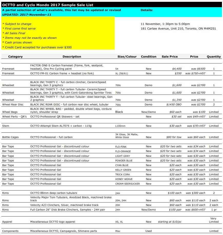 OCTTO + CYCLO MONDO Sample Sale on Nov. 11th. Lots of OCTTO, FACTOR and BLACK INC items available!  Sample List: