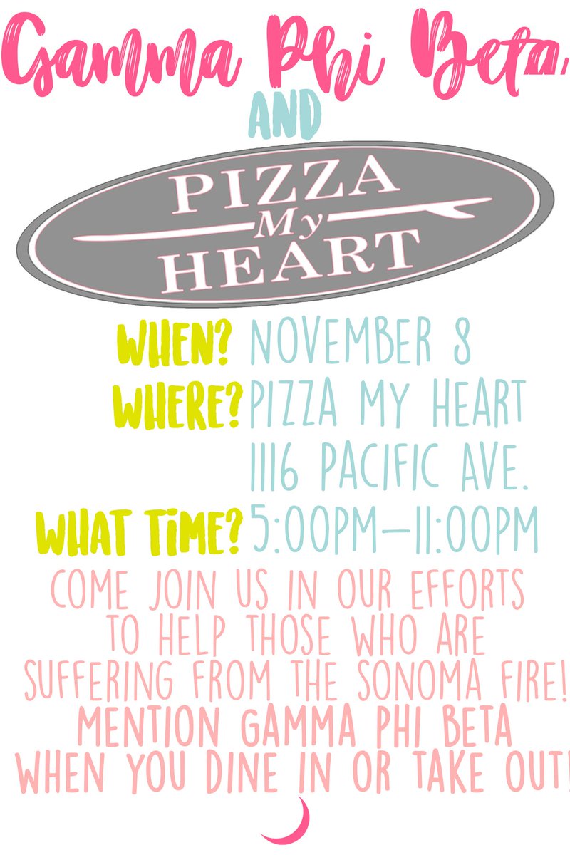 Come out to Pizza My Heart from 5-11pm tomorrow night to help us raise money for those affected by the wildfire in Sonoma! 💕