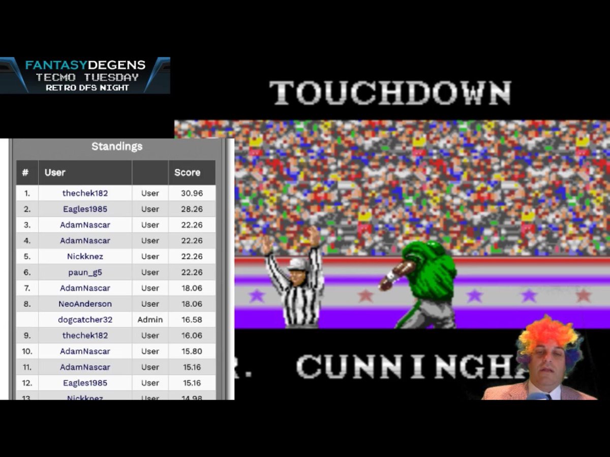RetroDFS's tweet image. 14-7 @Eagles over @Redskins at halftime as @PastorRandallC displayed a few Tecmo Jukes &amp;amp; rushed 7-68-1TD. #TecmoBowl #RetroDFS is back!
m.twitch.tv/fantasydegens