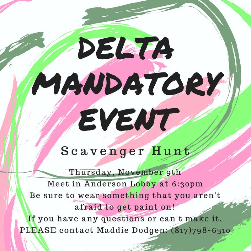 HSUDelta's tweet photo. Mandatory Event on Thursday, Nov. 9th!! Wear something you arent afraid to get a little messy! Hope to see yall there #RushDelta Ξ ππ https://t.co/TvKTgTqeOv