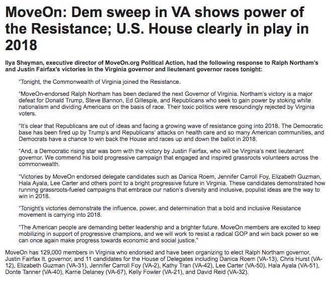 MoveOn's tweet photo. #election2017 Statement from @iSheyman: Dem sweep in VA show power of the #Resistance; U.S. House clearly in play in 2018. https://t.co/Ch8ezxnm1n  #ElectionDay https://t.co/ZsFKXWrk0R