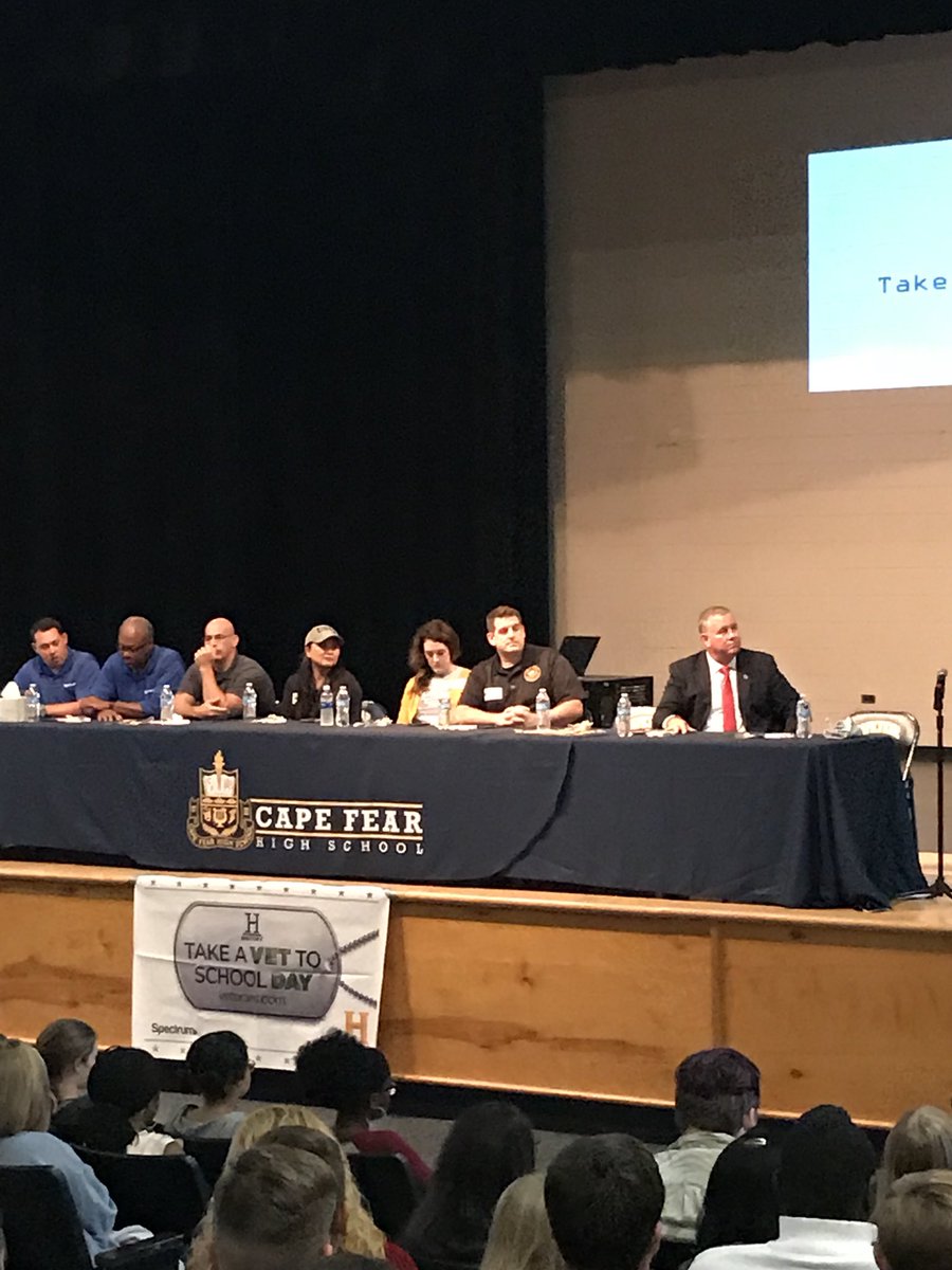 VLeeSpruill's tweet photo. Thanks to @JimArpNC @JohnSzoka @GetSpectrum for making our @CapeFearHigh1 #FreshmenExperience Veterans Assembly a great one! #WeAreCapeFear https://t.co/tJHzFPI3Zn