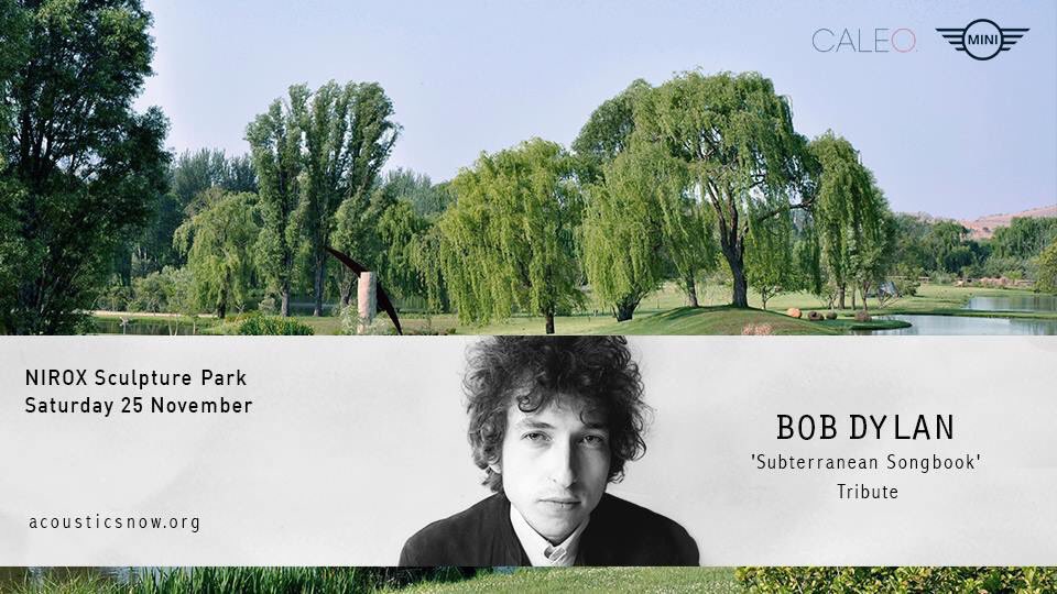 Bob Dylan 'Subterranean Songbook' Tribute Concert
Saturday 25 November
NIROX Sculpture Park
<a href="/theshabs/">The Shabs</a> <a href="/lucy_kruger/">Lucy Kruger & The Lost Boys</a> <a href="/ShotgunTori/">Shotgun Tori</a> <a href="/NamingJames/">Naming James</a> <a href="/dellbell800/">adelle nqeto</a> Dayne Rothbletz from <a href="/somegrowyoung/">Some Grow Young</a> Tubatsi Moloi from <a href="/UrbanVillageFam/">Urban Village Music</a> 
Tix: nue.so/7uzy8u
