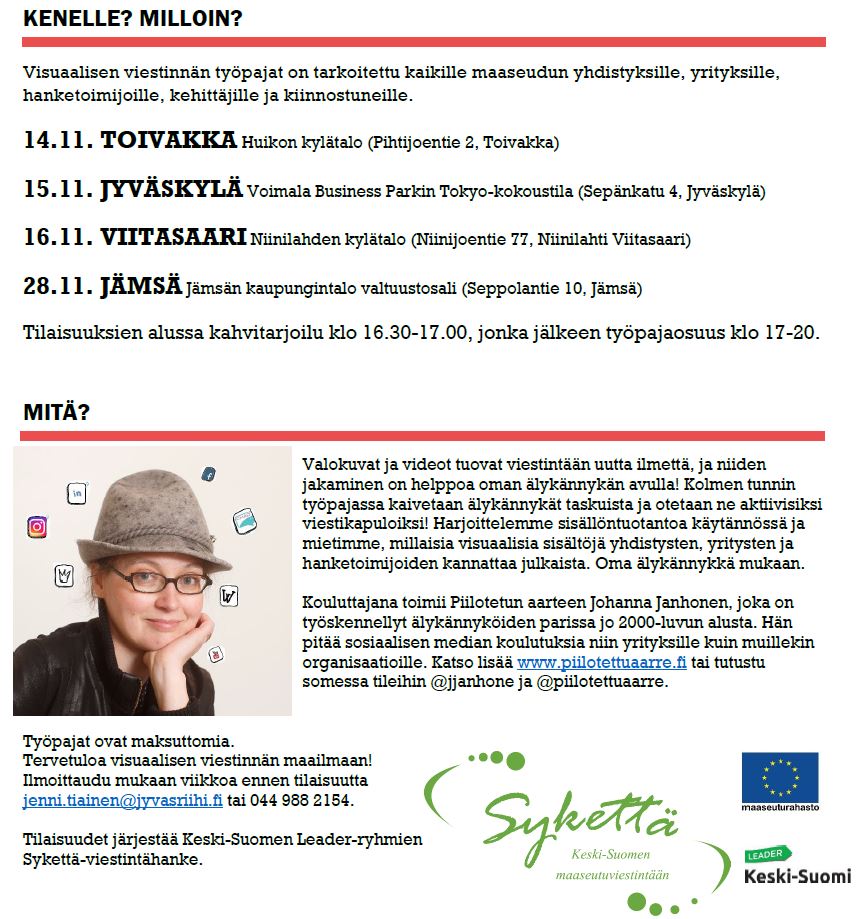 kannoilla's tweet photo. Osaatko hyödyntää puhelimesi  kuvausominaisuuksia? Marraskuussa tarjolla työpajoja visuaaliseen viestintään, vetäjänä @jjanhone #Toivakka #Viitasaari #Jämsä (Jyväskylän ryhmä täynnä) https://t.co/Qr6mGsHUgH