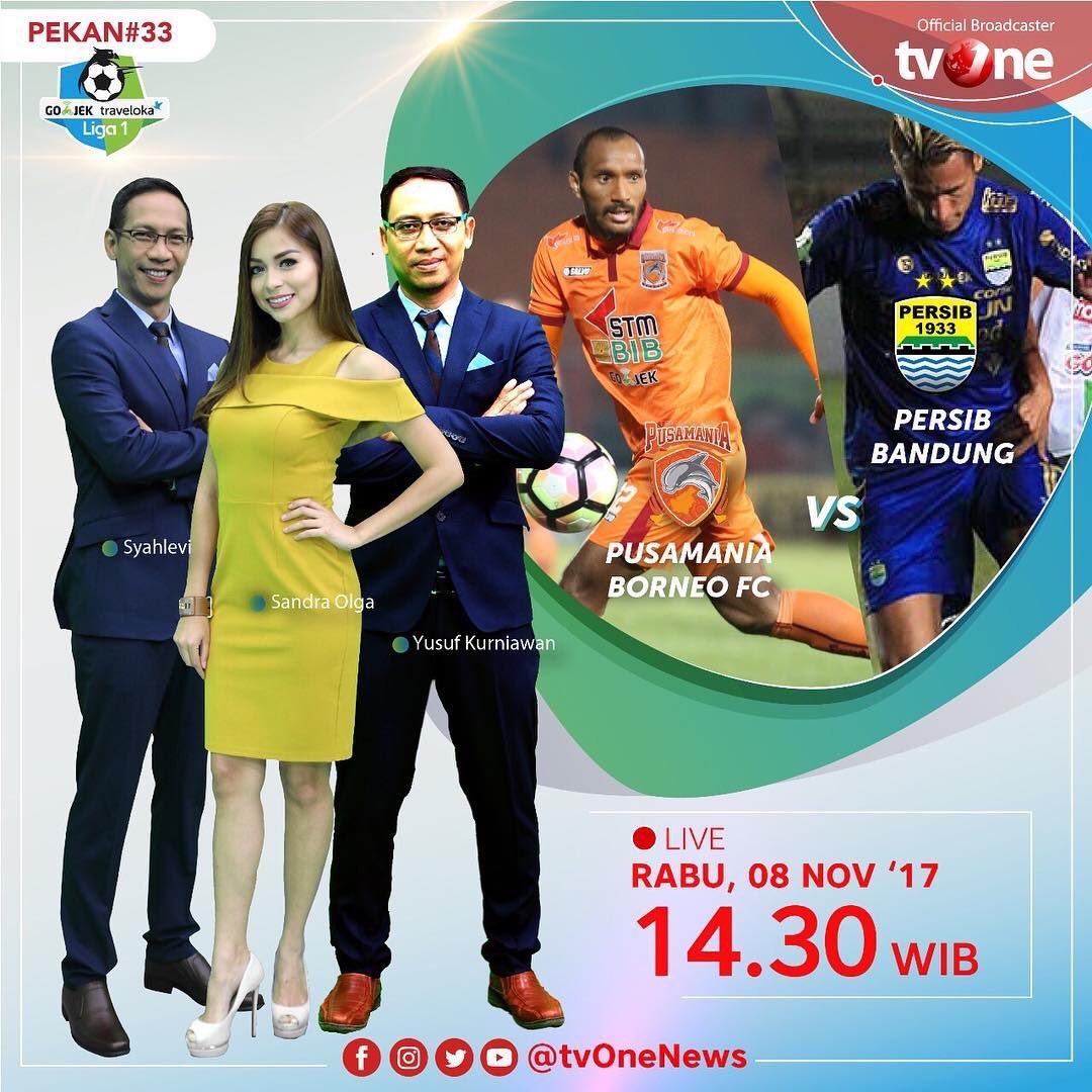 Sandra bakal temenin kalian di LIVE pertandingan antara Pusamania Borneo FC VS Persib Bandung, jam 14.30 hanya di <a href="/tvOneNews/">tvOnenews</a> yaaa :)