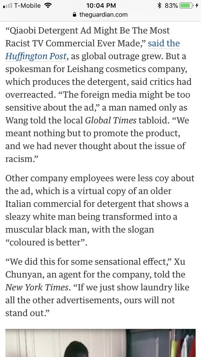 SaritaJonesBiz's tweet photo. A Chinese ad for Qiaobi cleaning liquid which was supposed to show the power of their product ended up being completely racist. The spokesman for the company didn’t help in this crisis! #ValenciaSM17 #TheGuardian https://t.co/P9Dfx4fWUo