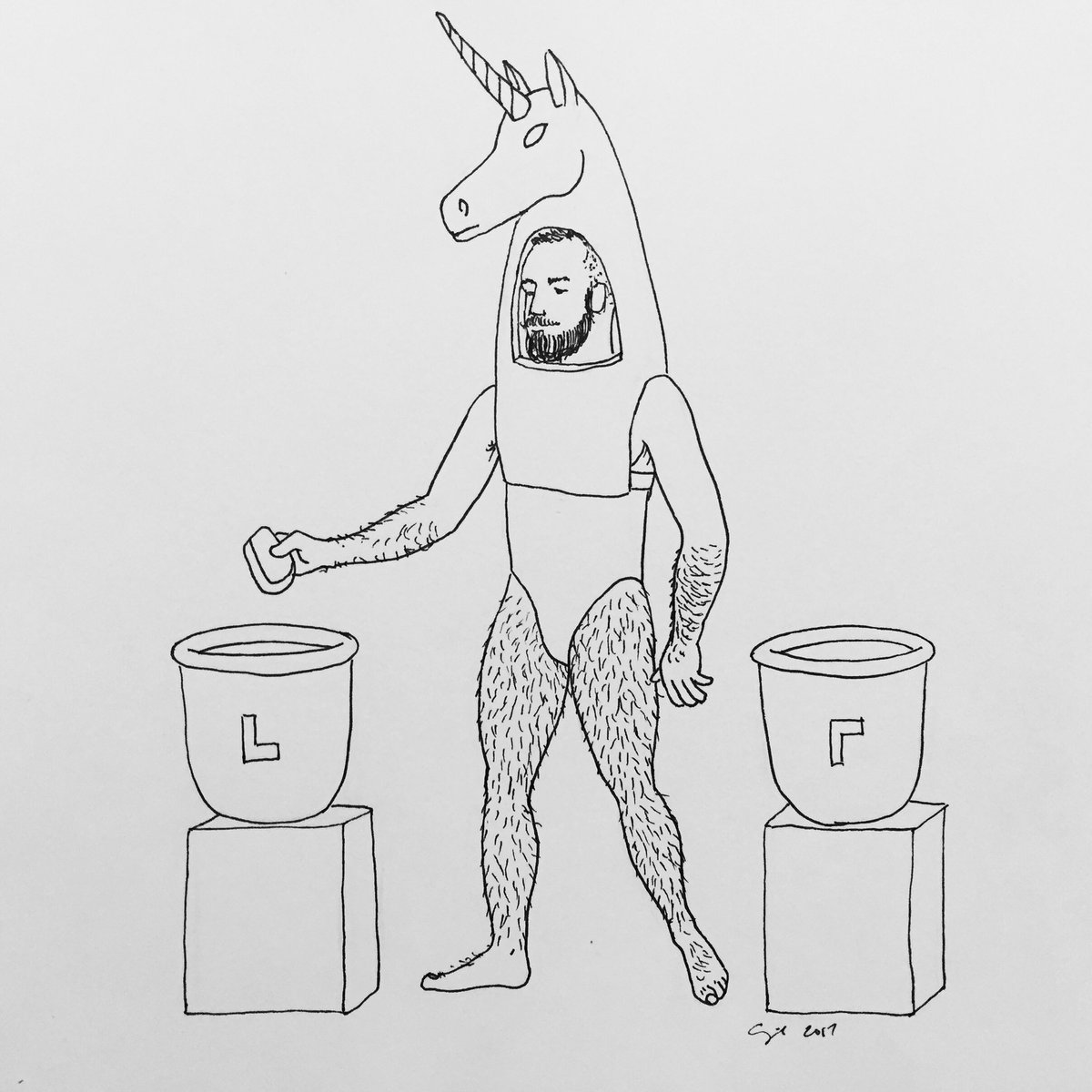 CupidOjala's tweet photo. “Unicorn Casts Stone”, 2017, pigma pen on paper, 9x12in.  #Queer #transgender #unicorn #vote #f2m #drawing #illustration #legs #beard https://t.co/Q8tlWvN76y