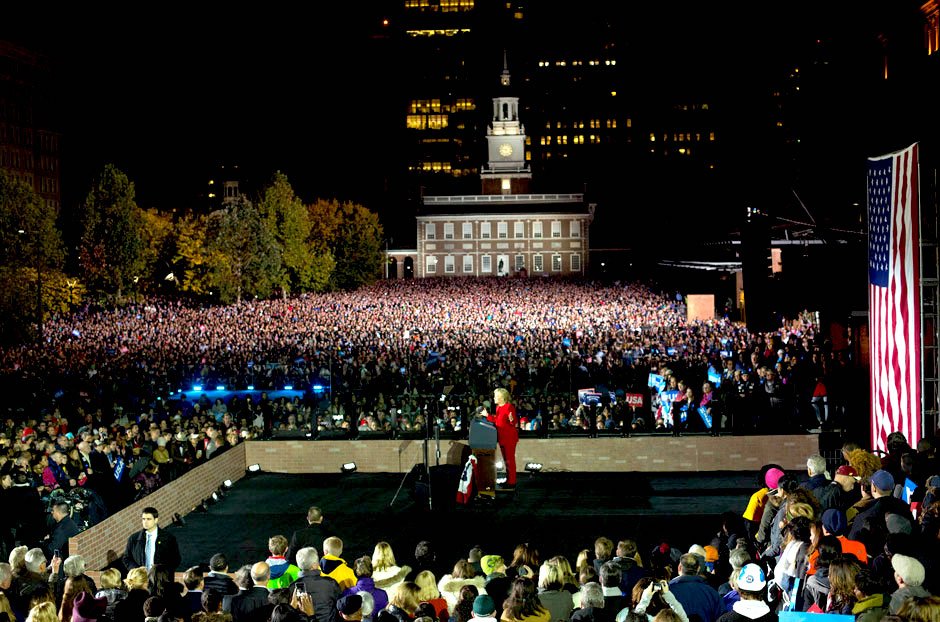 HillaryPix's tweet photo. It was the largest event of @HillaryClinton’s 18 month campaign, drawing some 40,000 people to Independence Hall Philadelphia, November 7, 2016. https://t.co/Q1YQLaqQat