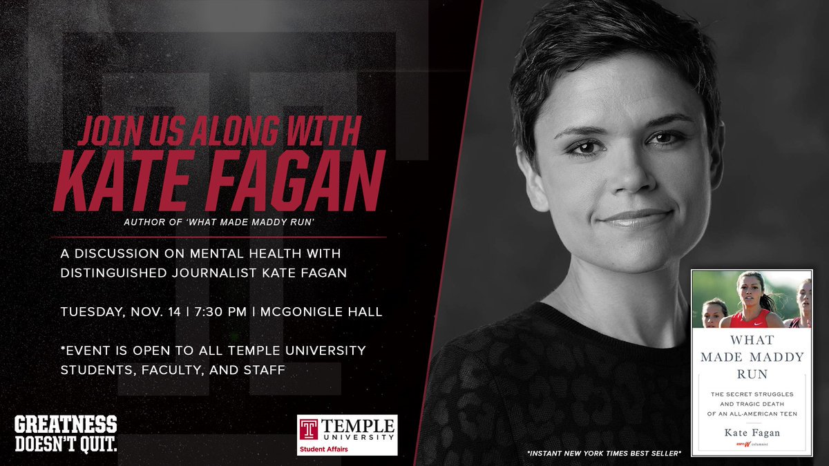 TempleUniv's tweet photo. Nov. 14, join best-selling author and journalist @KateFagan3 at McGonigle Hall for a discussion on mental health: https://t.co/n5iN47hWIr