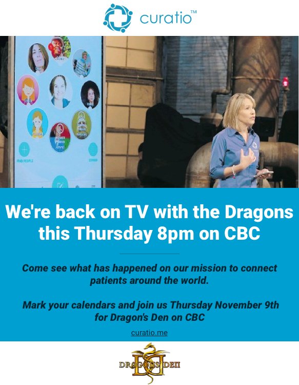 Join us this Thursday for an update on Curatio, 8pm CBC TV.