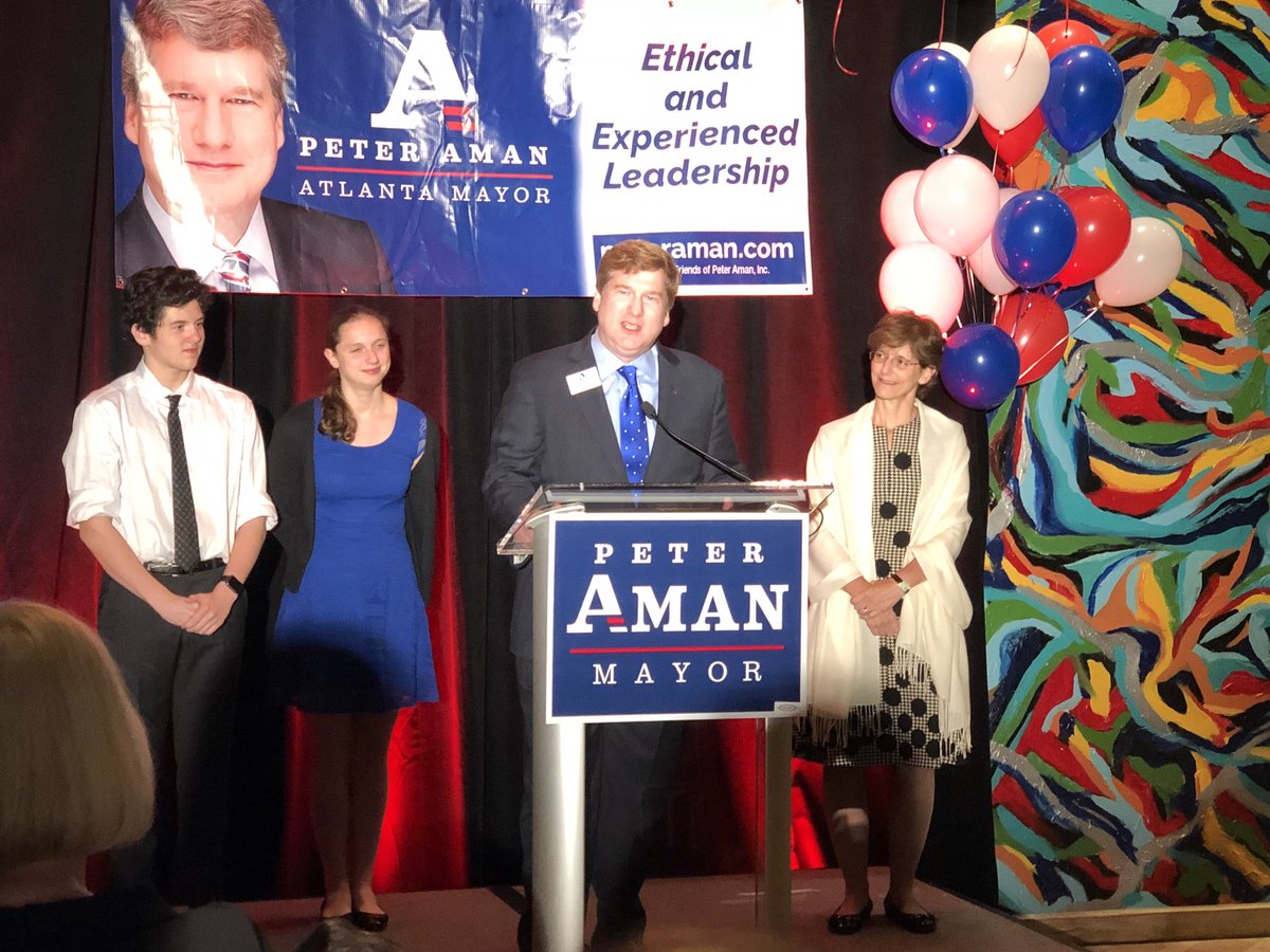 JoeHenke's tweet photo. .@PeterAmanATL not giving a victory or concession speech tonight. Only 21% reporting and too early to make sense of the numbers. Thanking his wife Lisa for her hard work on the campaign. #Election11 #ATLMayor https://t.co/wjnbdAAhn9