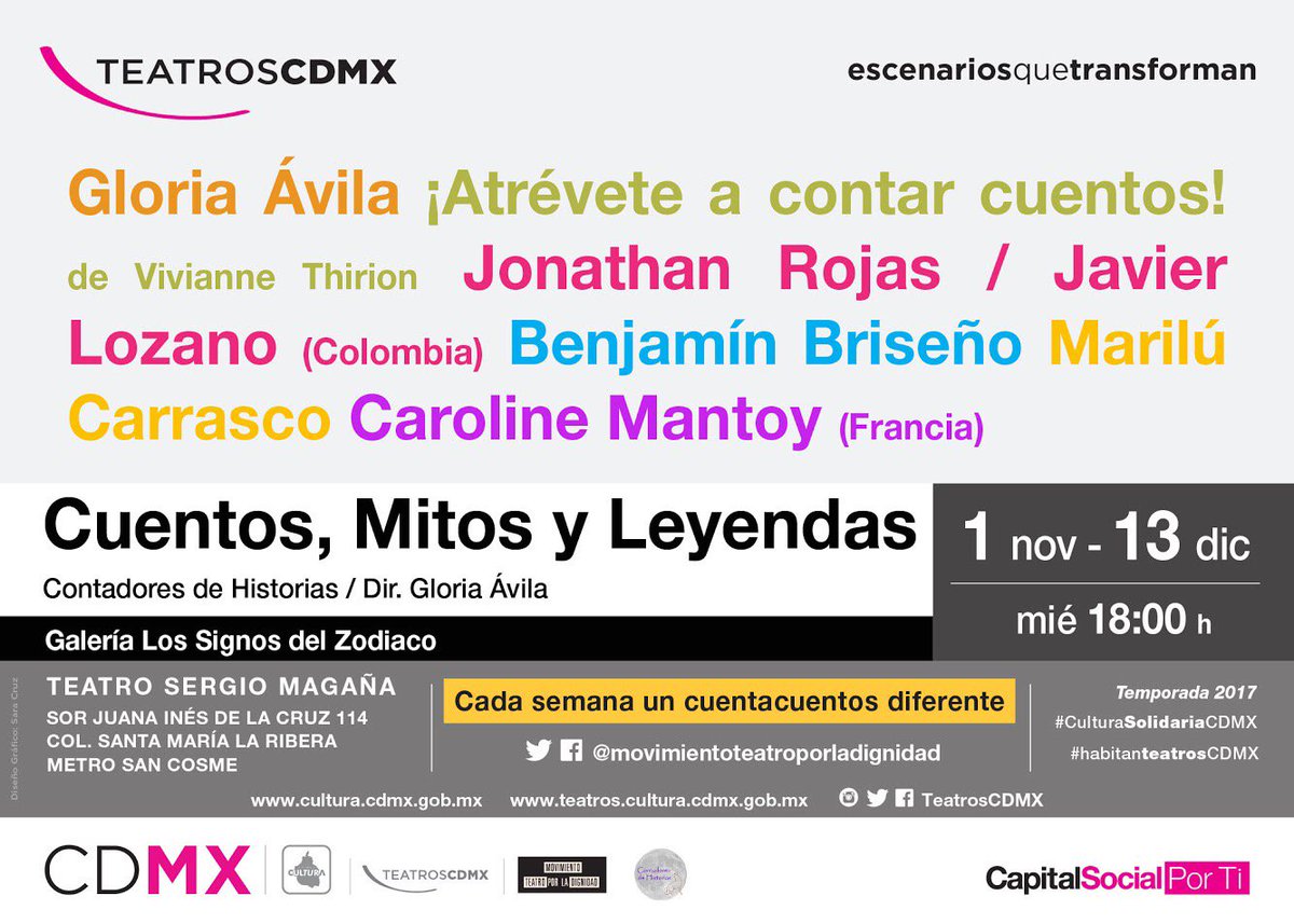 TeatrosCDMX's tweet photo. Ven a conocer e imaginar #CuentosMitosYLeyendas en el #TeatroSergioMagaña, ¡te esperamos! 18h #habitanteatrosCDMX https://t.co/z3maXbWGqP
