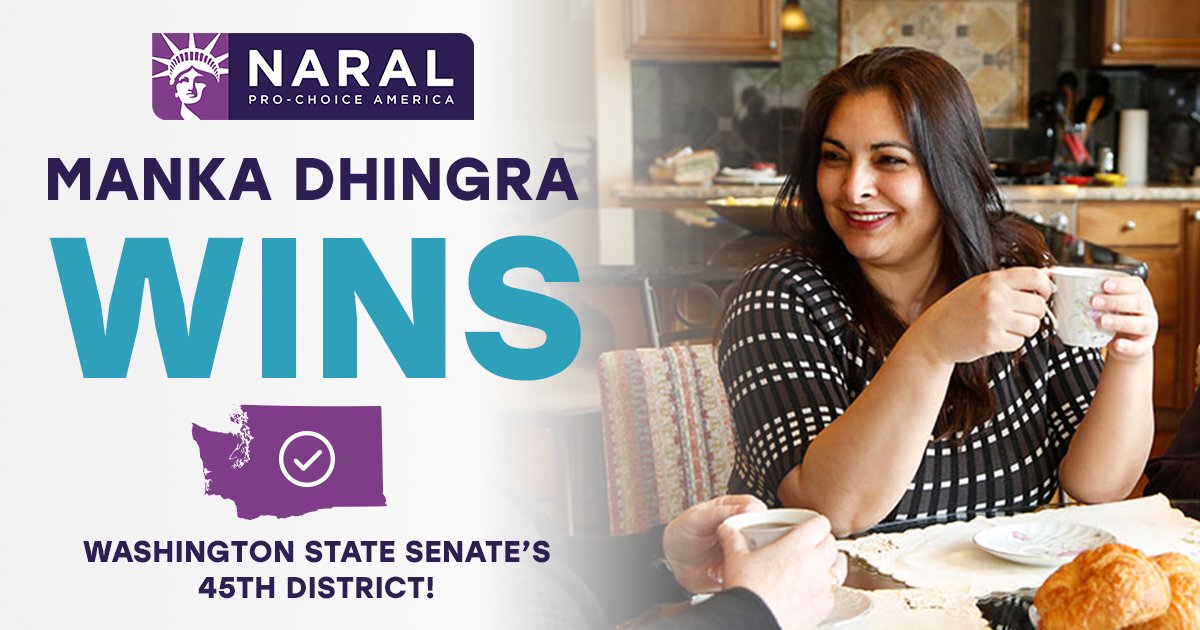 reproforall's tweet photo. We did it - we flipped the 45th district in WA! Congratulations, @Dhingrama, on your win tonight! NARAL & @ProChoiceWA members are thrilled to have stood with you since day one. #FlipThe45th #WA45 https://t.co/DXhlORpfQ0