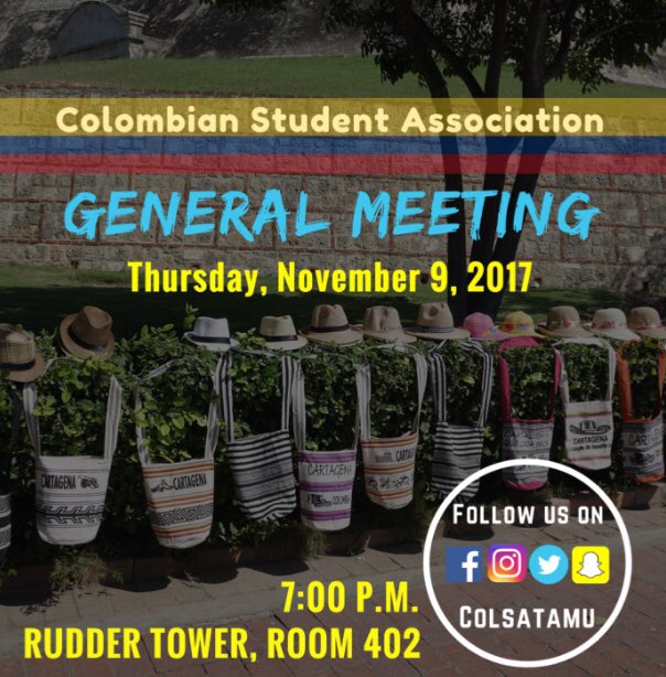Colsatamu's tweet photo. Join us Thursday, November 9th for our second general meeting of Fall 2017! We will have free pizza and tons of information on our upcoming events! See you there! 👍🏻🇨🇴 #colsatamu https://t.co/FpoMjERuNX