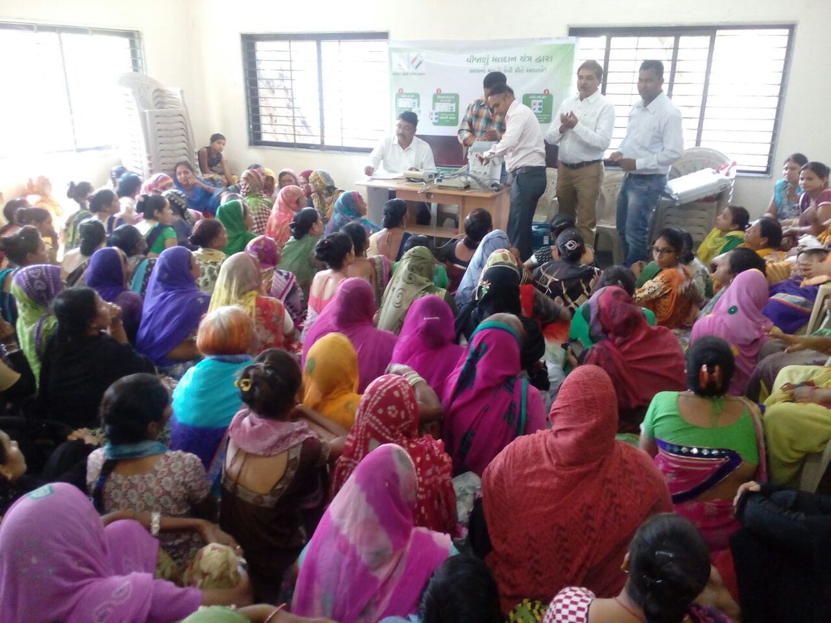 CEOGujarat's tweet photo. Special Camp of Voter awareness and EVM / VVPAT Demonstration for female voters.

Be #ReadyToVote In The Upcoming #GujaratElections2017. https://t.co/YtNAY1pgis