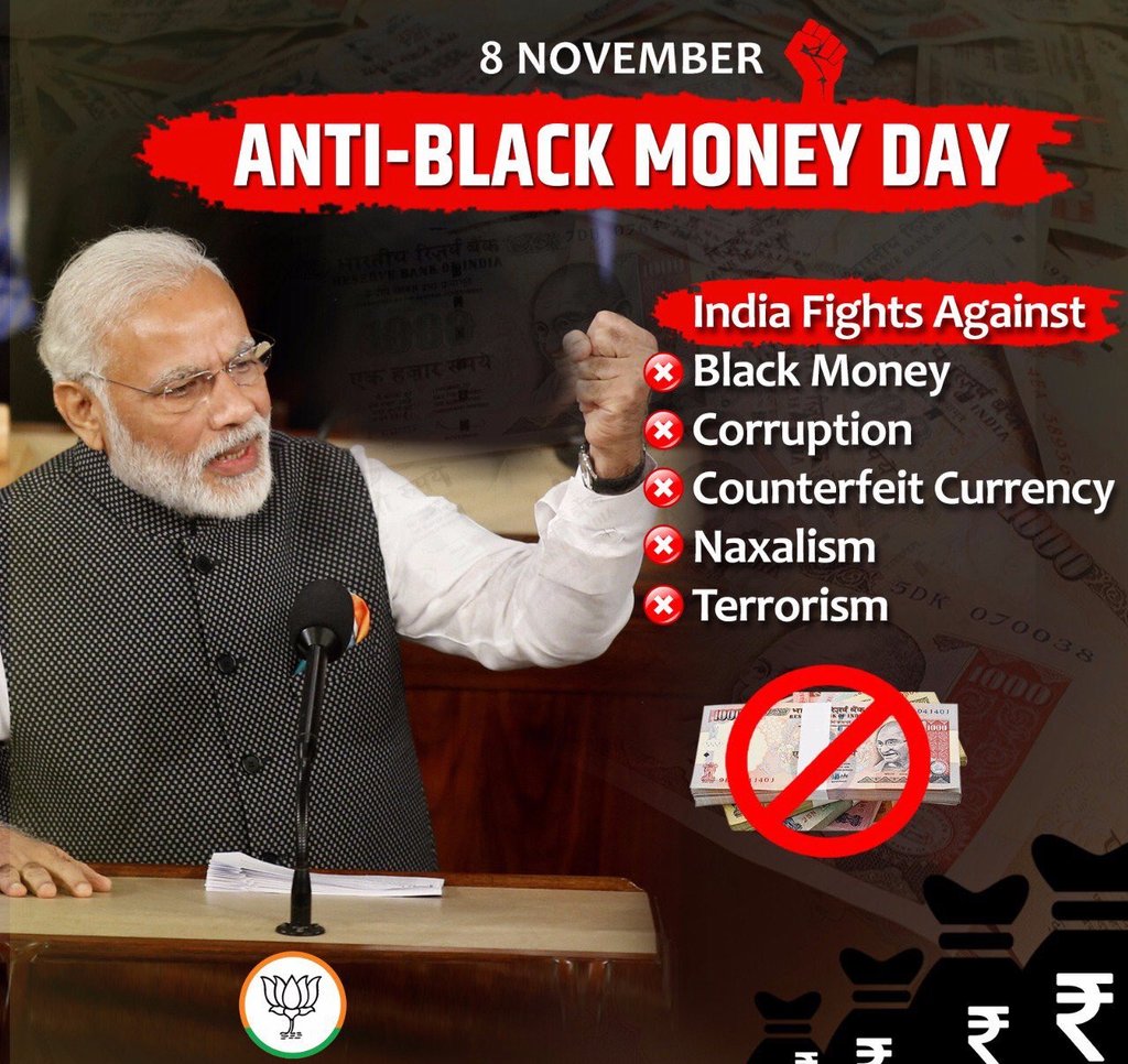 Nrendramodi_MKB's tweet photo. #AntiBlackMoneyDay : India fights against → Black Money, Corruption, Counterfeit Currency, Naxalism and Terrorism.
@sardanarohit @BJP4India https://t.co/4PXo7kVdFE