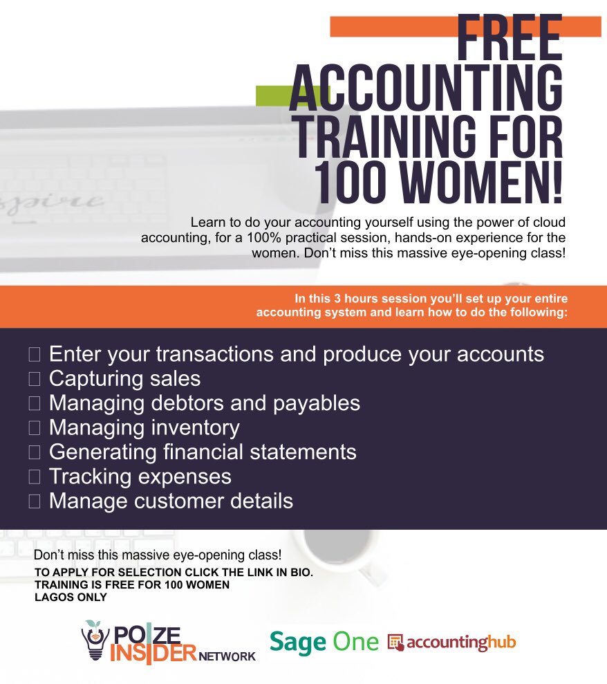 PoizeInsider's tweet photo. Apply to join 100 women entrepreneurs in #Lagos for free accounting training here: https://t.co/miC0Ms0ZEm https://t.co/CXfGvENH6q