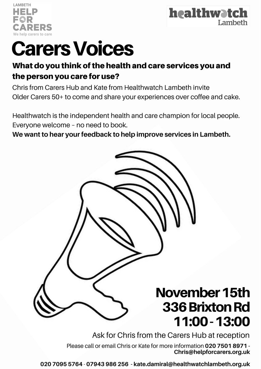 CarersHub's tweet photo. Next Wednesday at 11:00-13:00 will be the first Carers Voice with @HWLambeth Please come along to 336 Brixton Rd and tell us what you think of health and care services you and the person you care for use? #wednesdaywisdom #wednesdaymotivation #charity #Lambeth #Carers https://t.co/OjxoRVH0vl