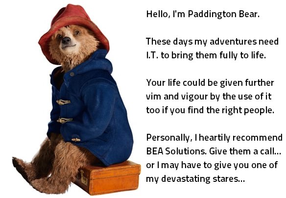 BEASolutions's tweet photo. Today's endorser thinks we can offer you a sweet deal. And he could sweeten it further with a Marmalade sandwich if you'd like... #BEACeleb (ish) #PaddingtonBear #PaddingtonStare https://t.co/uU7jHJ8QQf
