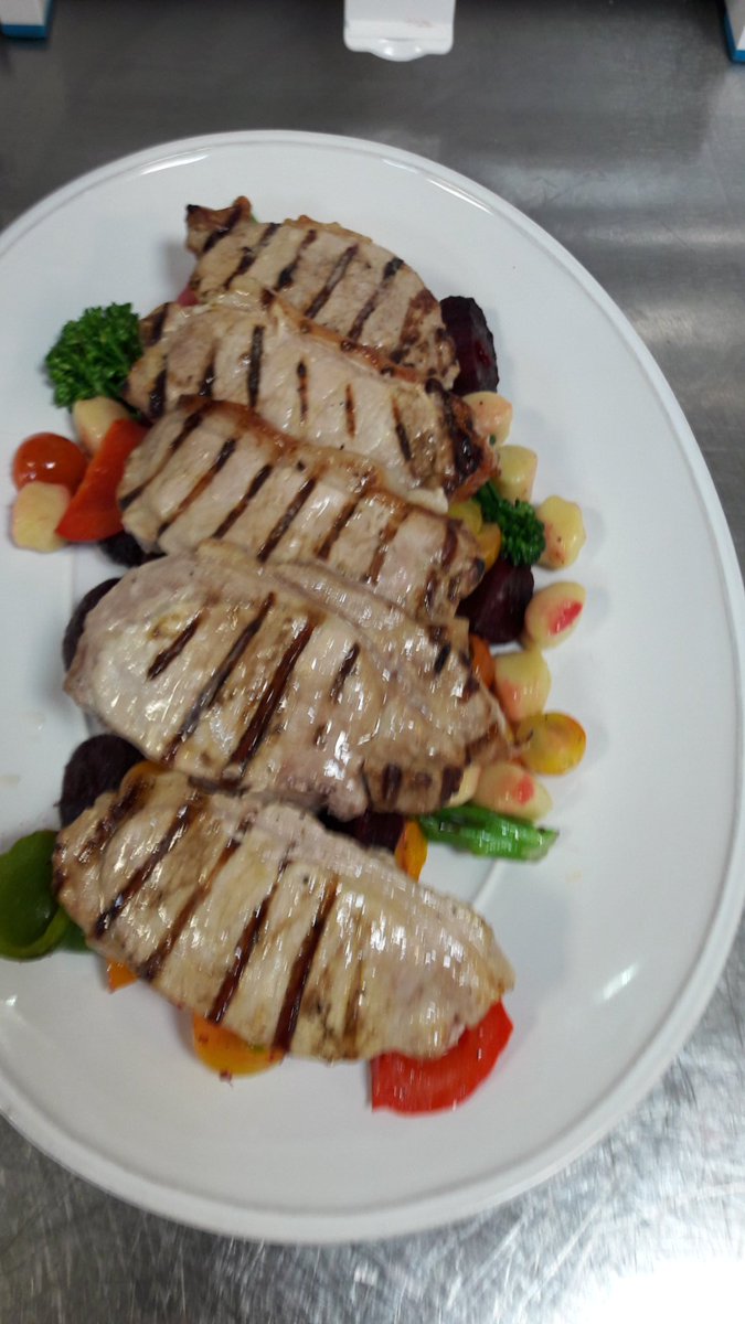 Grilled Mediterranean pork gnocchi , beetroot , tender stem broccoli