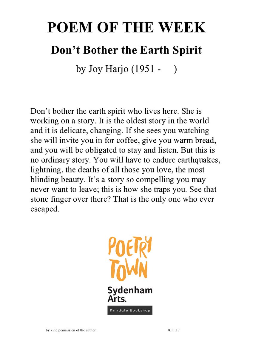 Our Poem of the Week by Joy Harjo
Don’t Bother the Earth Spirit #poetry #poems #SE26 <a href="/KirkdaleBooks/">Kirkdale Bookshop</a>