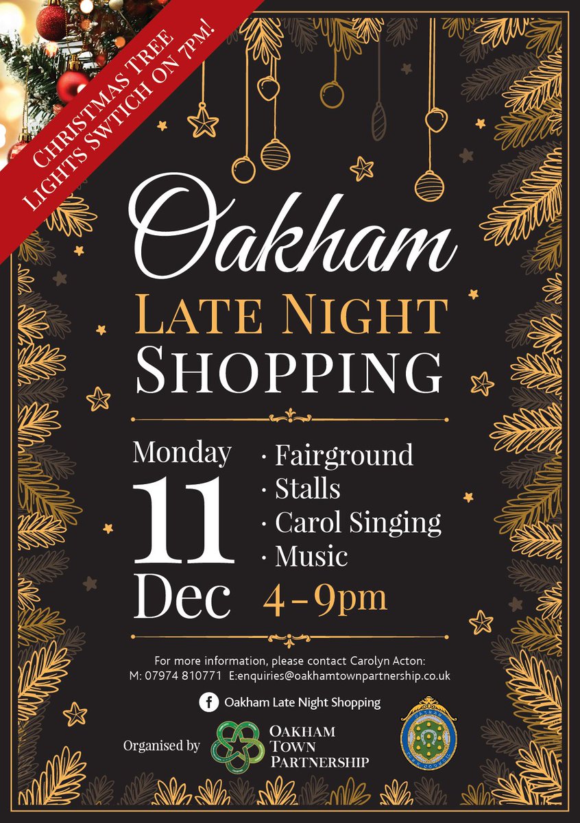 Monday 11th December #OakhamLateNightShopping #Oakham #Rutland

Really looking forward to this..lots of stalls, music, choir and fairground. Plus many shops will stay open too :)