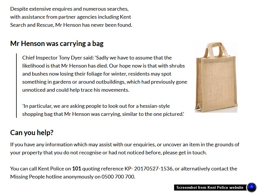 Kent_999s's tweet photo. SEVENOAKS: Police renew appeal to find Ken Henson (80) who has been missing since May 25 from Oakhill Road who was carrying a hessian-style bag at the time. https://t.co/YArKapaRdp