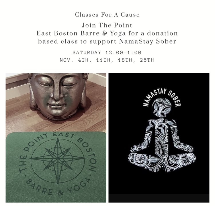 ThePointEB's tweet photo. Join @ThePointEB and @namastay_sober for a donation based class led by @daisyfaceflow ๐ Sat.Nov.11th 12:00-1:00pm ๐ #eastboston #thepointeb https://t.co/MrtXmuDjJT
