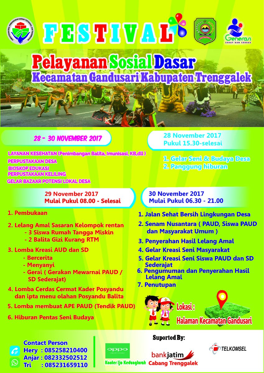 Monggo di hadiri dan meriahkan..
Festival Pelayanan Sosial Dasar
Program Generasi Sehat Dan Cerdas.
<a href="/EmilDardak/">Emil E Dardak</a> <a href="/GscTrenggalek/">Gsc Trenggalek</a>