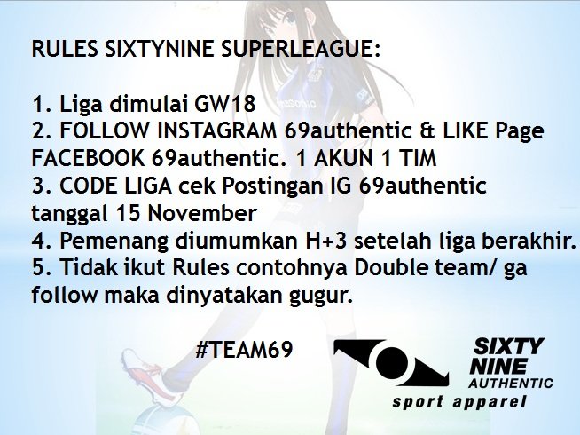 SIXTYNINE SUPERLEAGUE Berhadiah UANG+PRODUK JERSEY START GW18, follow akun <a href="/futebolre/">Futebol Originale</a> utk update informasinya thanks RT nya min #FPL @_OriginalKit <a href="/jersey_ciamikk/">Follow IG @Jerseyciamik</a> <a href="/fieldersftbl/">Fielders Football</a> <a href="/Kaen_Futbol/">Kaen Futbol</a> <a href="/kaenratjoen/">#LelangRatjoen</a>