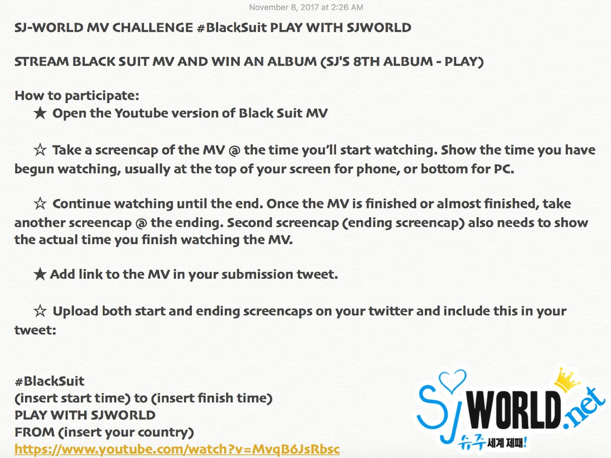 sjworld's tweet photo. ☆ #BlackSuit PLAY WITH SJWORLD
Goal: To increase MV views, which will contribute to SNS points. This will help SJ win in music shows!
Prize to each winner: 1 PLAY album with folded poster
Total winners - 44 (at least for now)
Please read our info and rules in attached photos 💙 https://t.co/32wJqkt2JU