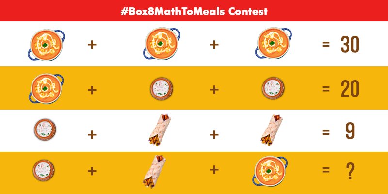 #ContestAlert
Win Meal Vouchers of Rs. 1500! 
Can you solve the puzzle? 
To Participate
1. Answer with #Box8MathToMeals
2. Follow @box8_in
3. RT