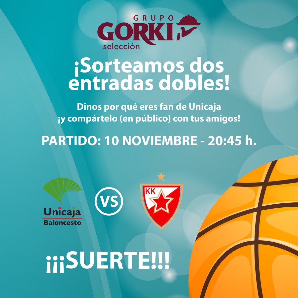 GrupoGORKI's tweet photo. ¡Otra semana más apoyando a nuestro equipo @unicajaCB 🏀! 
📣 SORTEAMOS DOS ENTRADAS DOBLES 💚💜
(2 en Facebook y 2 en Twitter) https://t.co/XgouxxwPJV